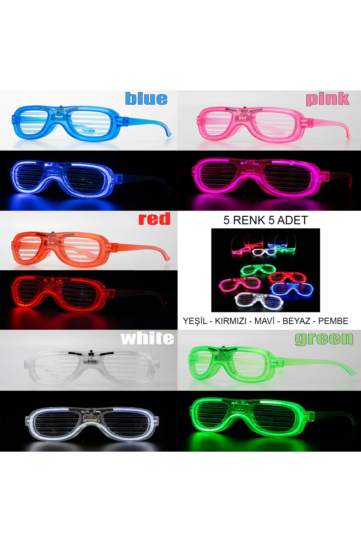 Glow Model Led Işıklı Parti Gözlüğü 3 Modlu 5 Renk 5 Adet (4741)