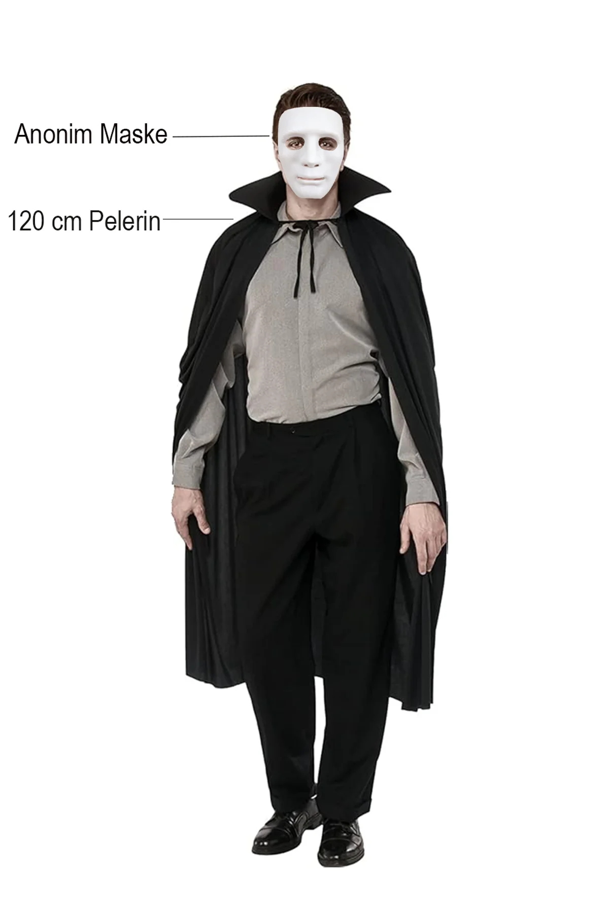 Siyah Renk Yakalı 120 cm Pelerin ve Beyaz Anonim Maske (4741)