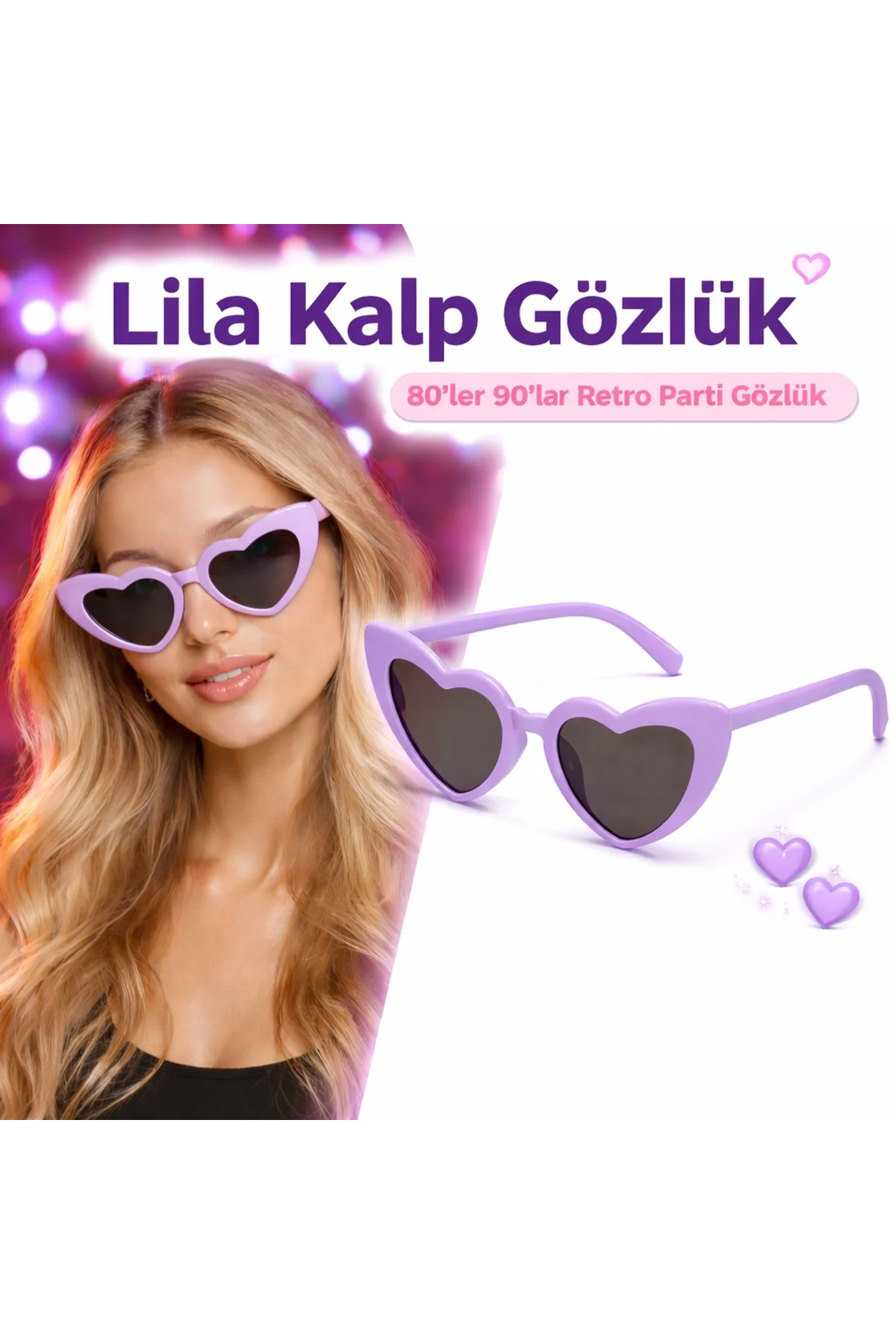 Mor Lila Retro Kalp Gözlük – 80’ler 90’lar Stil Parti Gözlüğü (4741)