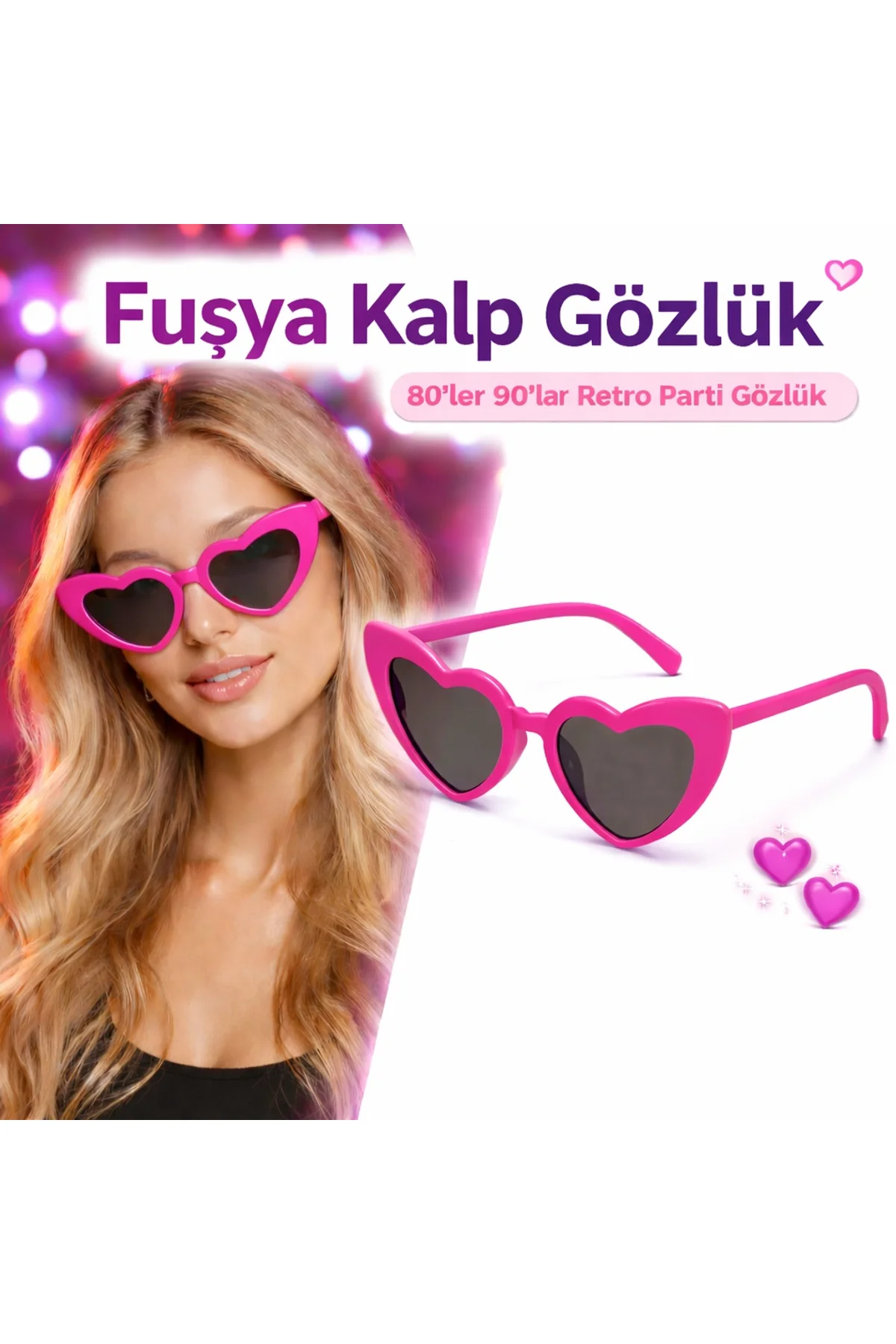 Fuşya Pembe Retro Kalp Gözlük – 80’ler 90’lar Stil Parti Gözlüğü (4741)