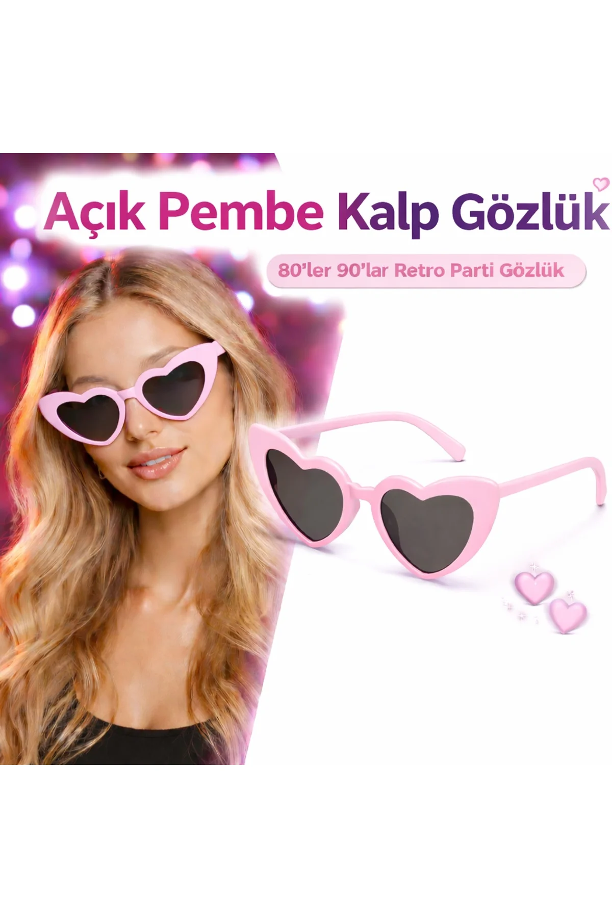 Pembe Retro Kalp Gözlük – 80’ler 90’lar Stil Parti Gözlüğü (4741)