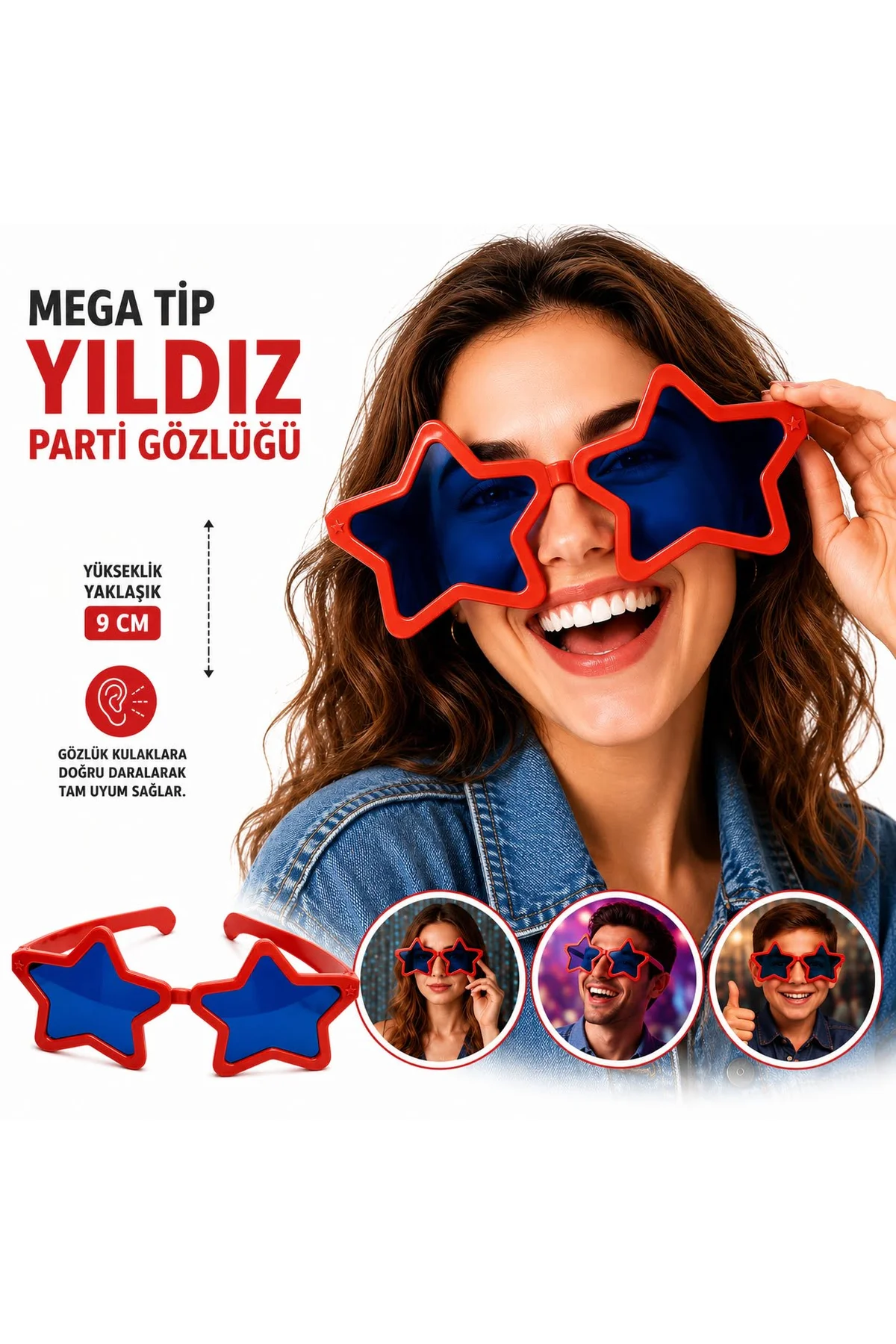 Mega Tip Yıldız Parti Gözlüğü Kırmızı Renk (4741)