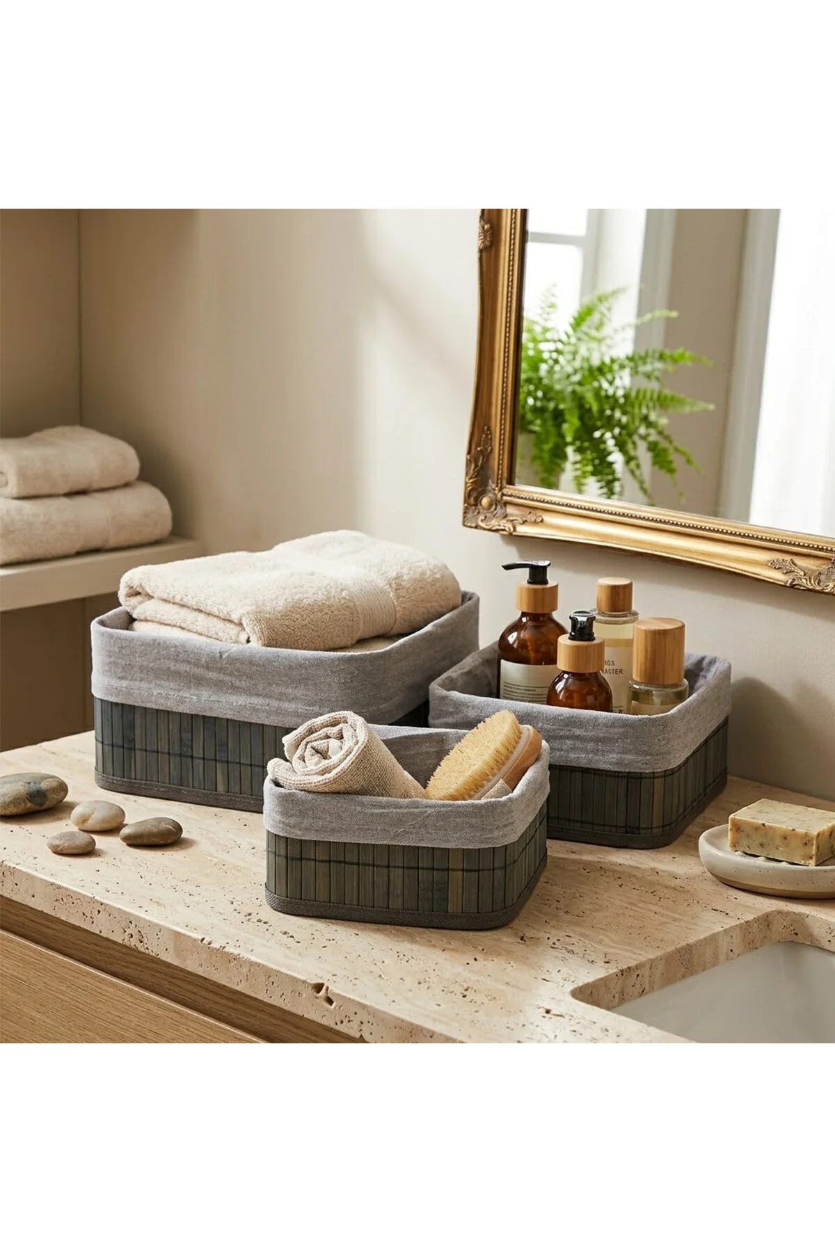 GRİ 3 BOY KARE BAMBU KENAR ORGANİZER SEPET AHŞAP ALTLIK - BEZLİ 17X21X25CM (4741) - Just Cheap Store Görsel 2
