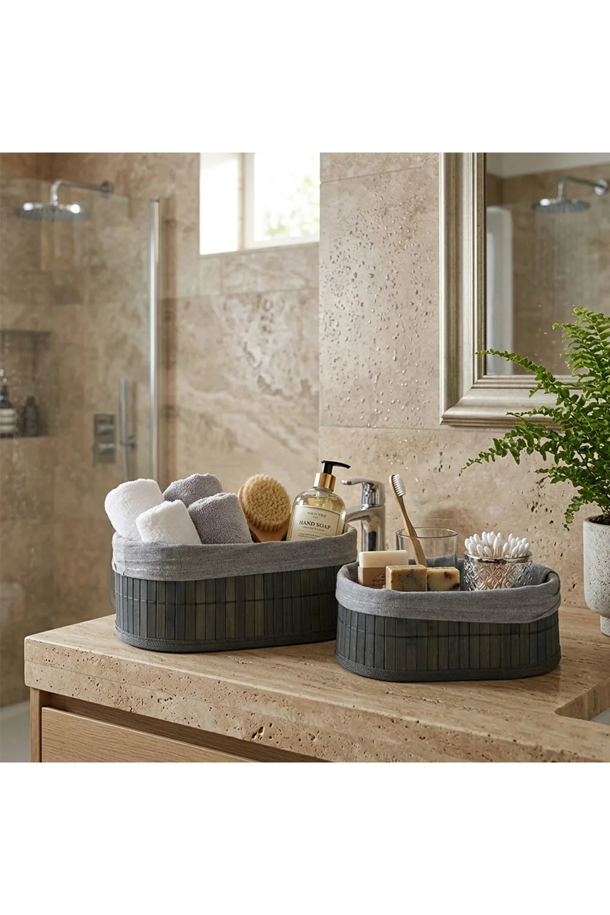 GRİ 2 BOY OVAL BAMBU KENAR ORGANİZER SEPET AHŞAP ALTLIK - BEZLİ 21X14-25X16CM (4741) - Just Cheap Store Görsel 2