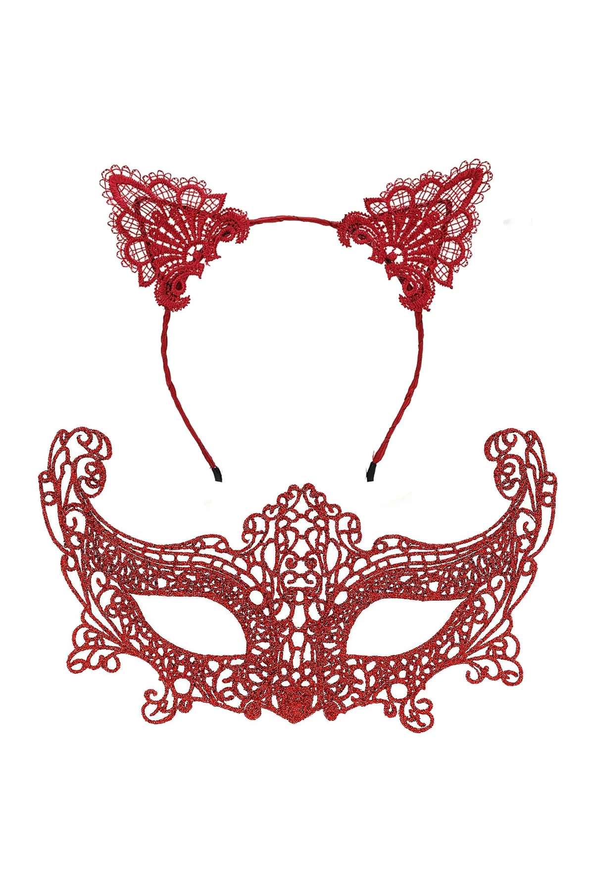 Romantik Kırmızı Dantel Maske Seti – Kedi Kulaklı Taç ve Maske 3 No (4741) - Just Cheap Store Görsel 2