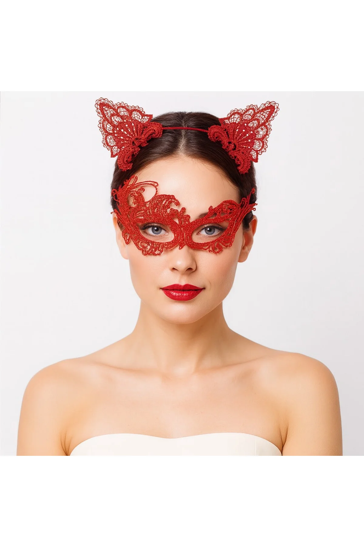 Gizemli Kırmızı Dantel Maske ve Taç Seti 1 No - Kostüm Seti (4741) - Just Cheap Store Görsel 3