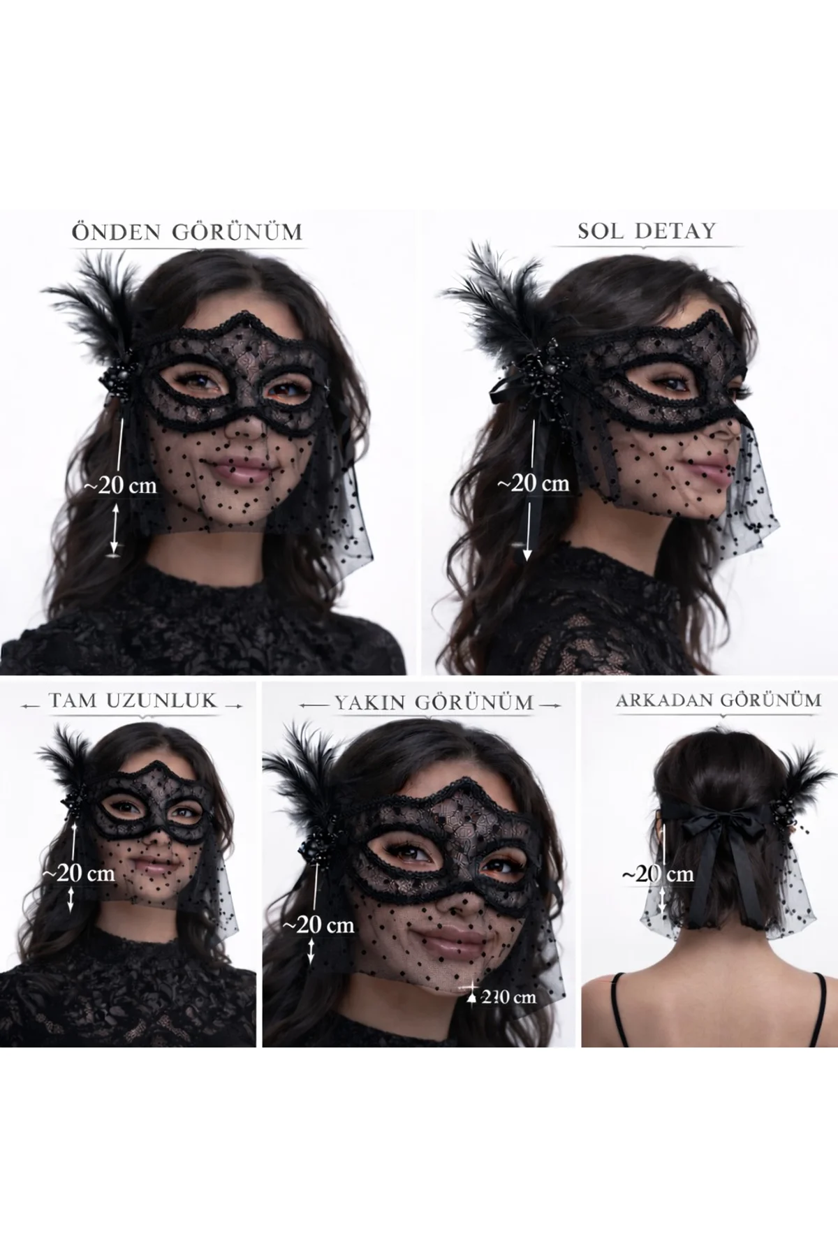 Siyah Dantel Tüllü Peçeli Parti Maskesi - Tüylü İnci Detaylı (4741) - Just Cheap Store Görsel 2