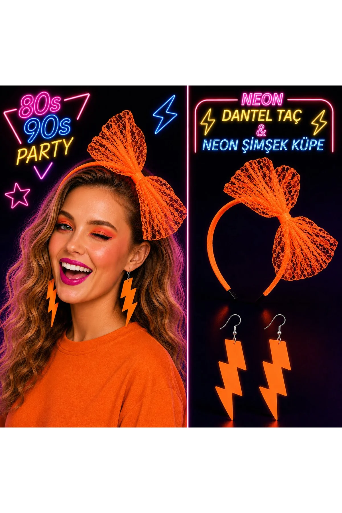 Neon Turuncu Dantel Taç ve Şimşek Küpe 80&amp;apos;ler 90&amp;apos;lar Parti Seti (4741)