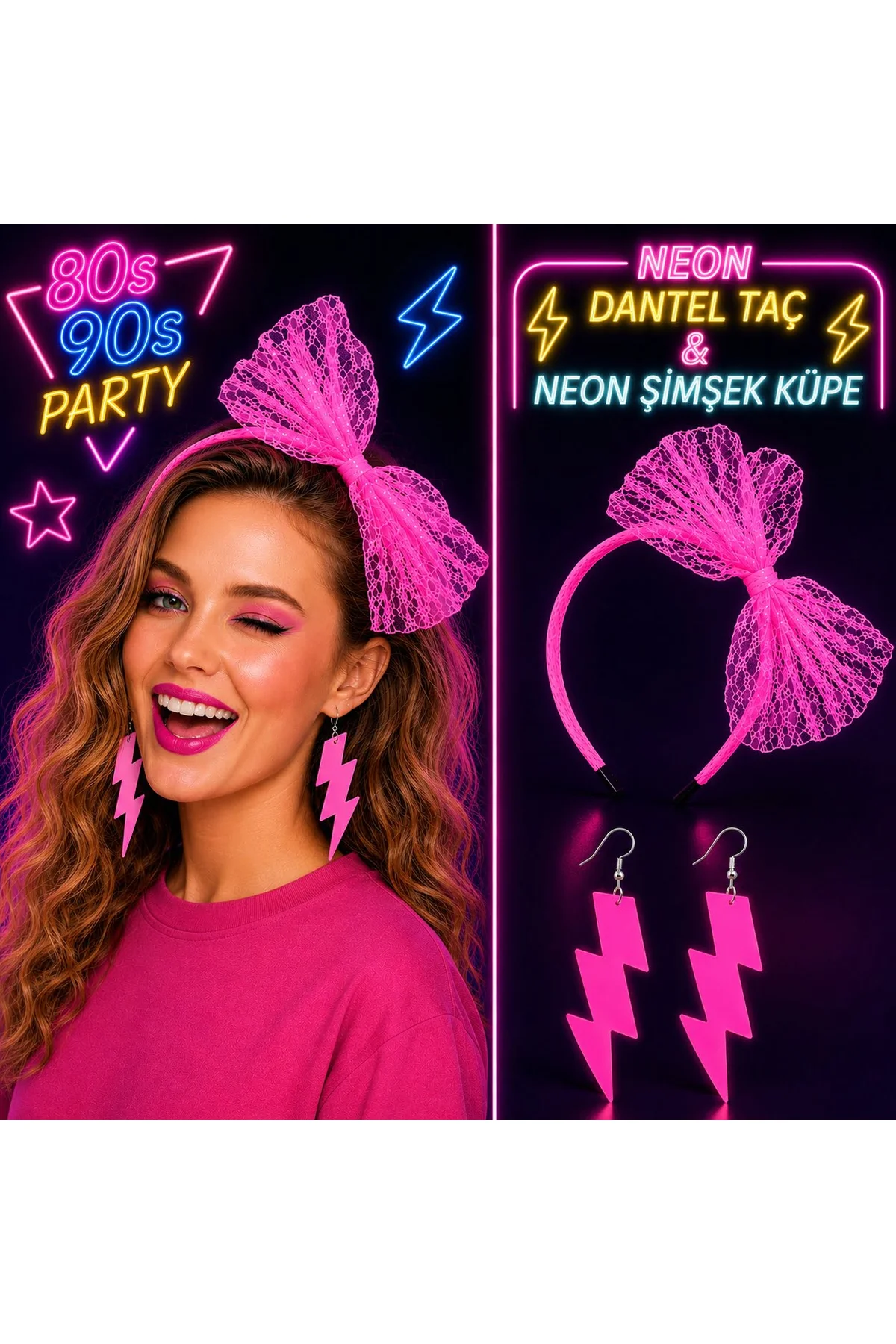 Neon Pembe Dantel Taç ve Şimşek Küpe 80&amp;apos;ler 90&amp;apos;lar Parti Seti (4741)