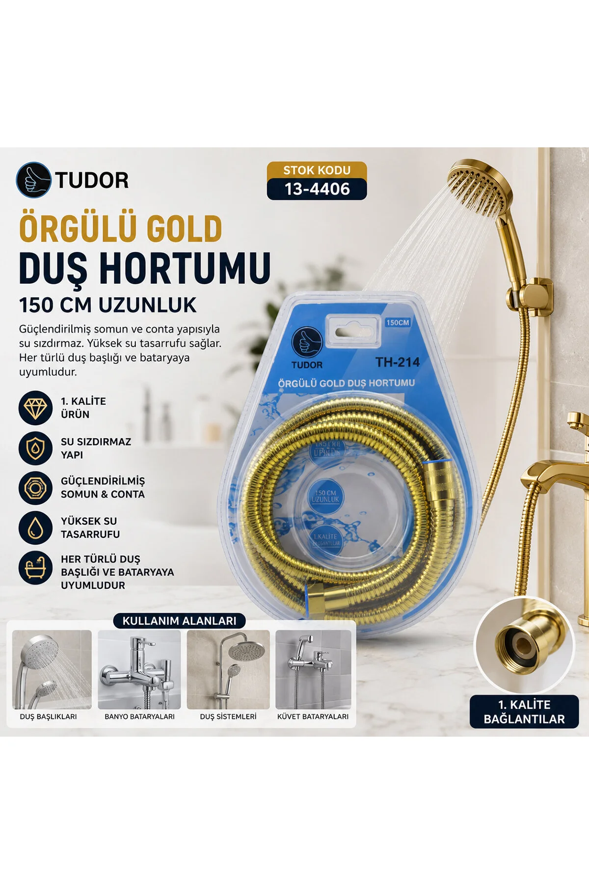 GOLD ÖRGÜLÜ DUŞ HORTUMU 150CM VAKUMLU AMBALAJ (4741)