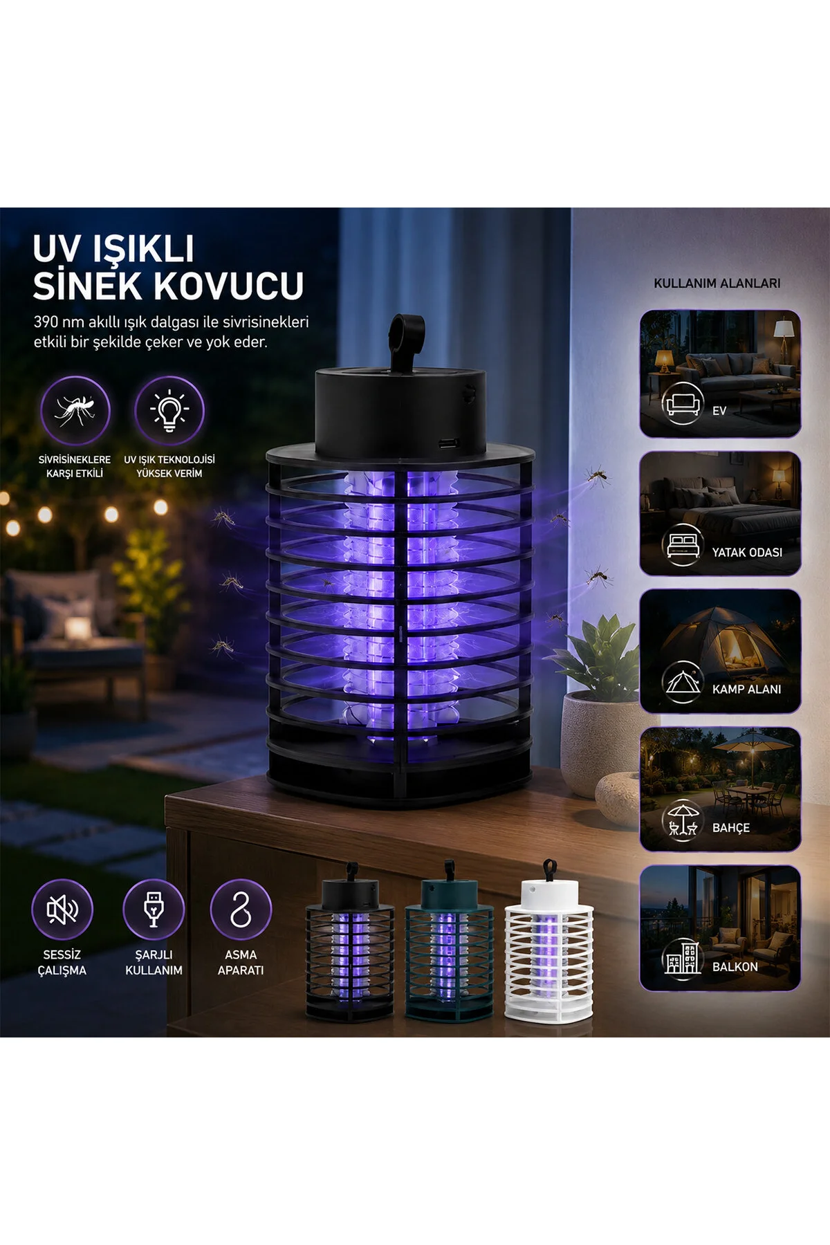 USB ŞARJLI - 2 RENK IŞIK ASMA APARAT - SESSİZ ÇALIŞMA UV IŞIKLI SİNEK KOVUCU HS-373 (4741) - Just Cheap Store Görsel 2