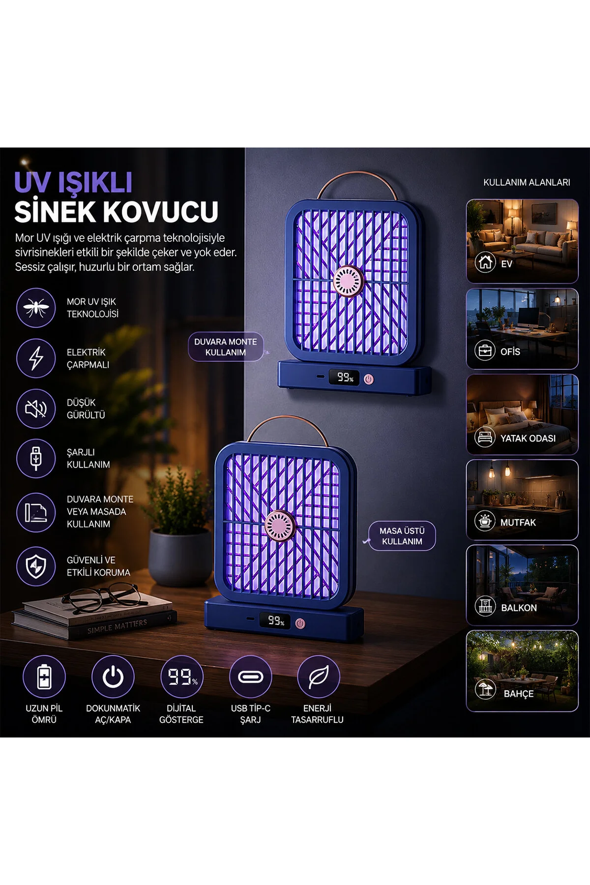 USB ŞARJLI - ELEKTRİK ÇARPMALI - DİJİTAL EKRAN ASMA APARAT - SESSİZ ÇALIŞMA UV IŞIKLI SİNEK KOVUCU H - Just Cheap Store Görsel 2