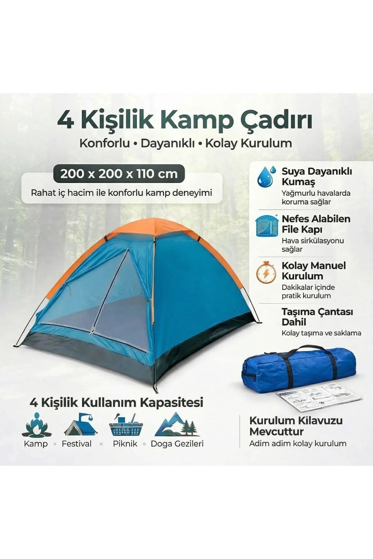 4 Kişilik Kamp Çadırı Manuel Kurulum Düz Kapılı Outdoor Dayanıklı Kamp Doğa Çadırı 200 x 200 x 110 c - Just Cheap Store Görsel 3
