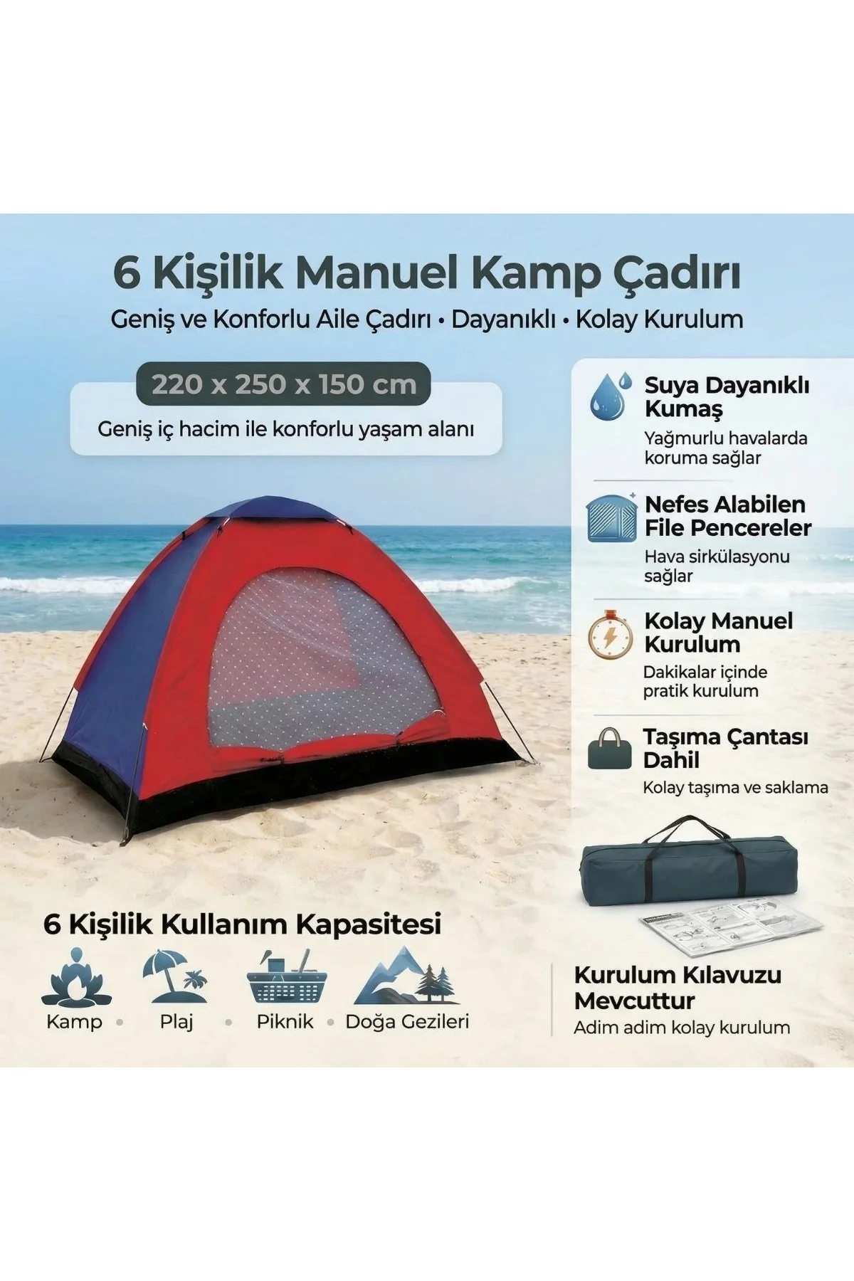6 Kişilik Manuel Kurulum Kamp Çadırı – Aile, Doğa, Piknik ve Outdoor Kamp Çadırı 220x250x150 cm (474 - Just Cheap Store Görsel 3
