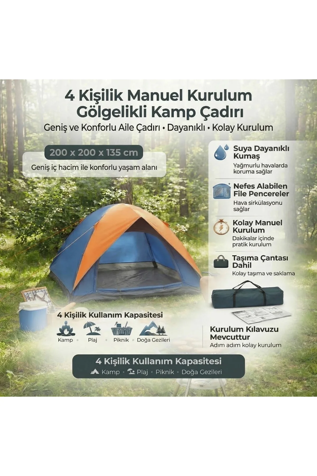 4 Kişilik Manuel Kurulum Gölgelikli Kamp Çadırı – Aile, Doğa, Piknik ve Outdoor 200x200x135 cm (4741 - Just Cheap Store Görsel 3