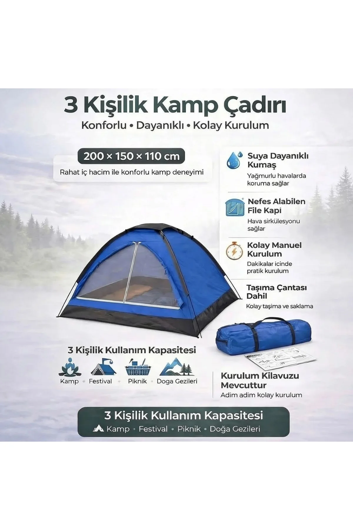 3 Kişilik Manuel Kamp Çadırı – Düz Kapılı Outdoor Aile, Doğa, Piknik ve Kamp Çadırı 200x150x110 cm ( - Just Cheap Store Görsel 3
