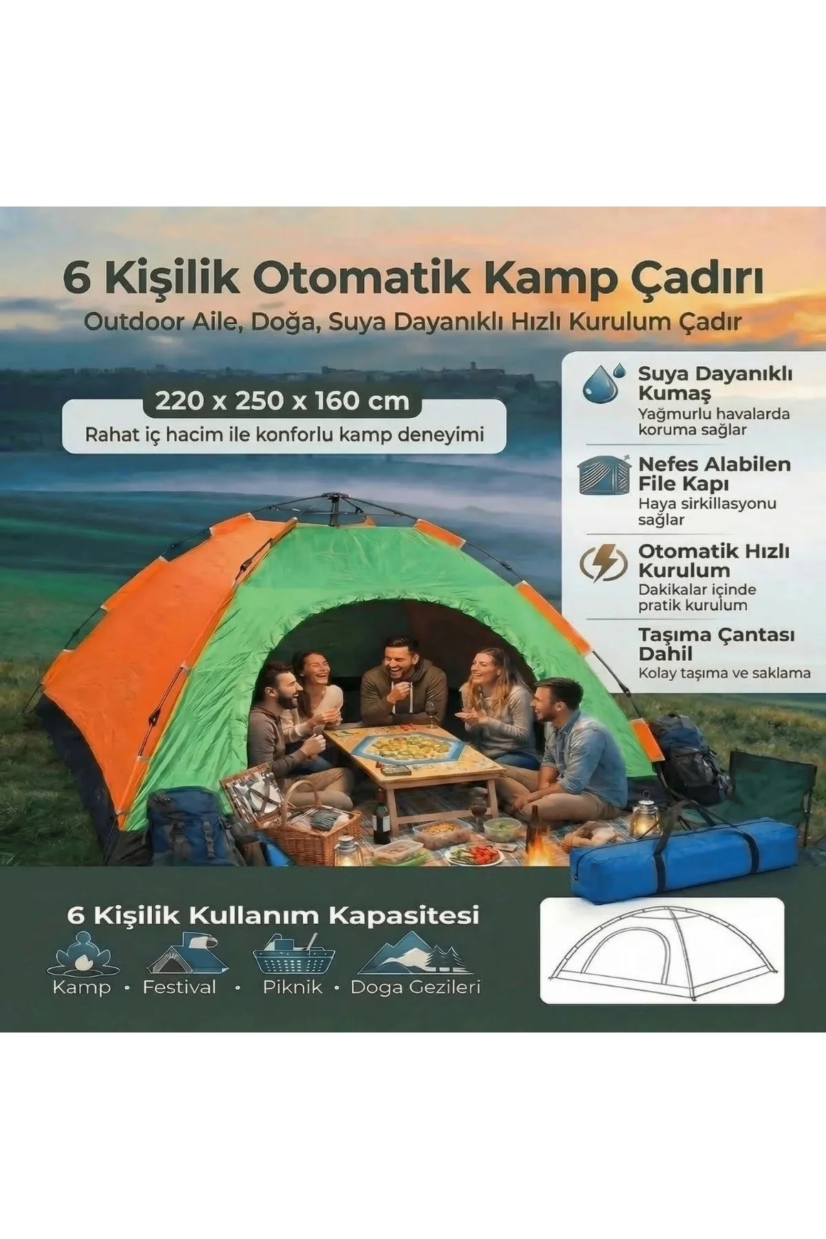 6 Kişilik Otomatik Kurulum Kamp Çadırı – Outdoor Aile, Doğa, Suya Dayanıklı Hızlı Kurulum Çadır 220x - Just Cheap Store Görsel 4