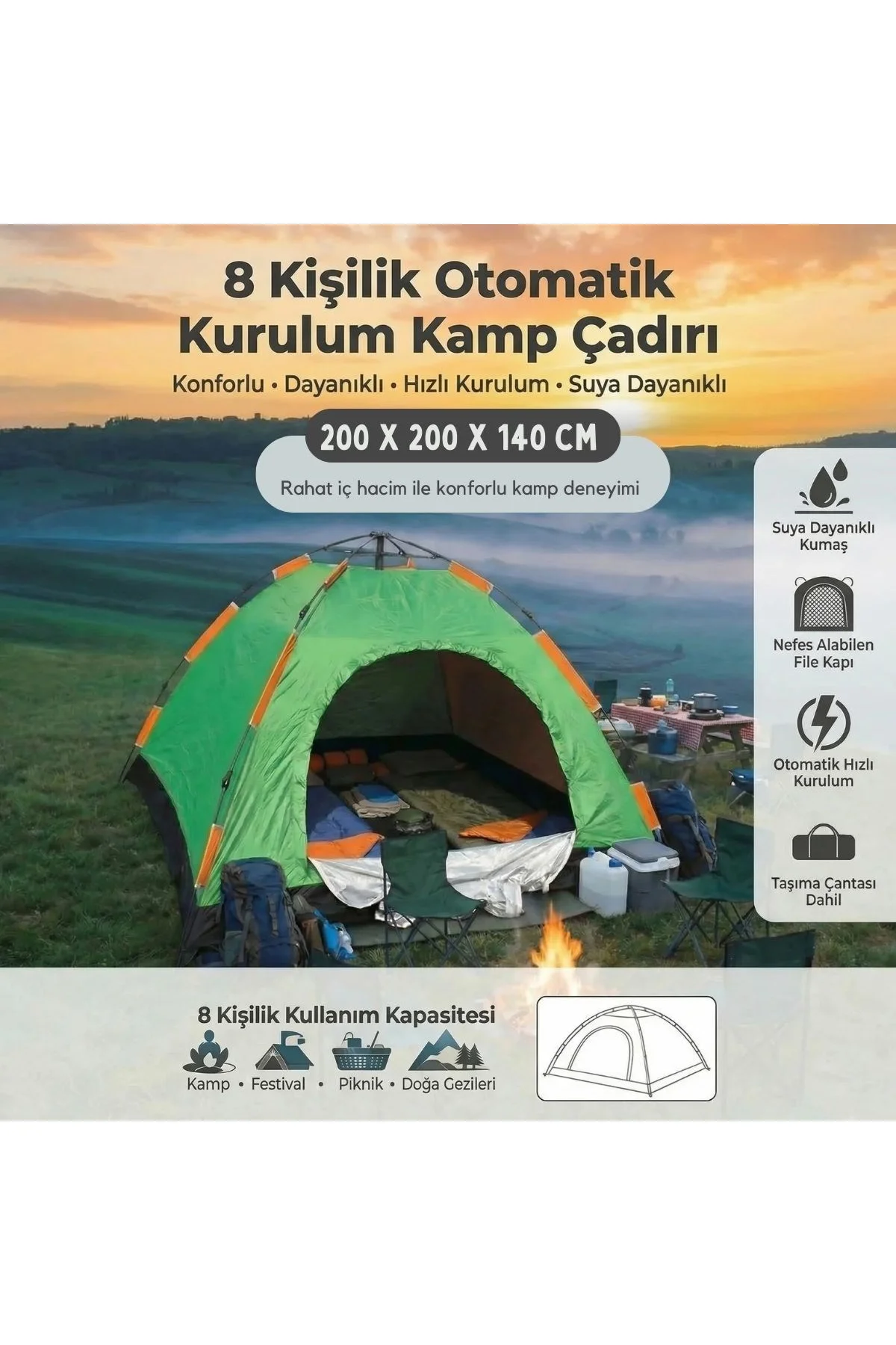 8 Kişilik Otomatik Kurulum Kamp Çadırı – Outdoor , Suya Dayanıklı Hızlı Kurulum Piknik ve Doğa İçin - Just Cheap Store Görsel 4