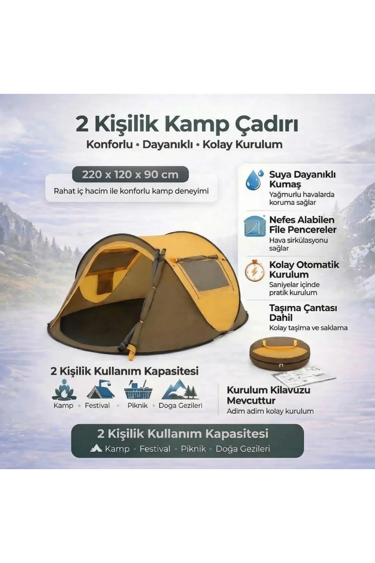 2 Kişilik Vagon Tipi Yarı Otomatik Kamp Çadırı – Çift Kapılı, Çift Pencereli, Hafif Taşınabilir Outd - Just Cheap Store Görsel 3