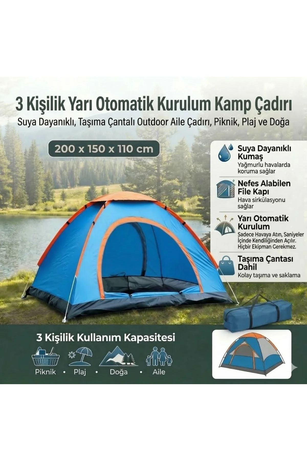 3 Kişilik Yarı Otomatik Kurulum Kamp Çadırı – Suya Dayanıklı, Taşıma Çantalı Outdoor Aile Çadırı, Pi - Just Cheap Store Görsel 3