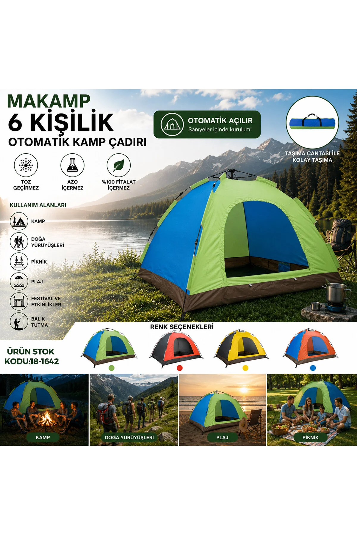 6 KİŞİLİK TOZ GEÇİRMEZ 220CMX250CMX165CM OTOMATİK KAMP ÇADIR HERHANGİ BİR RENK GÖNDERİLİR (4741)