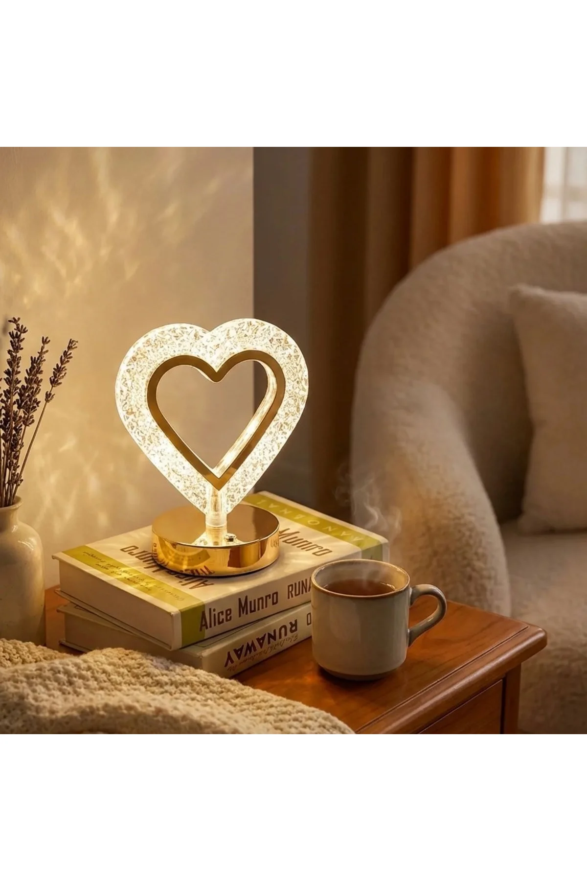 Kalp Şeklinde Kristal LED Masa Lambası – Dokunmatik, 3 Renk Işık Modlu, Şarjlı Mini Dekoratif Gece L