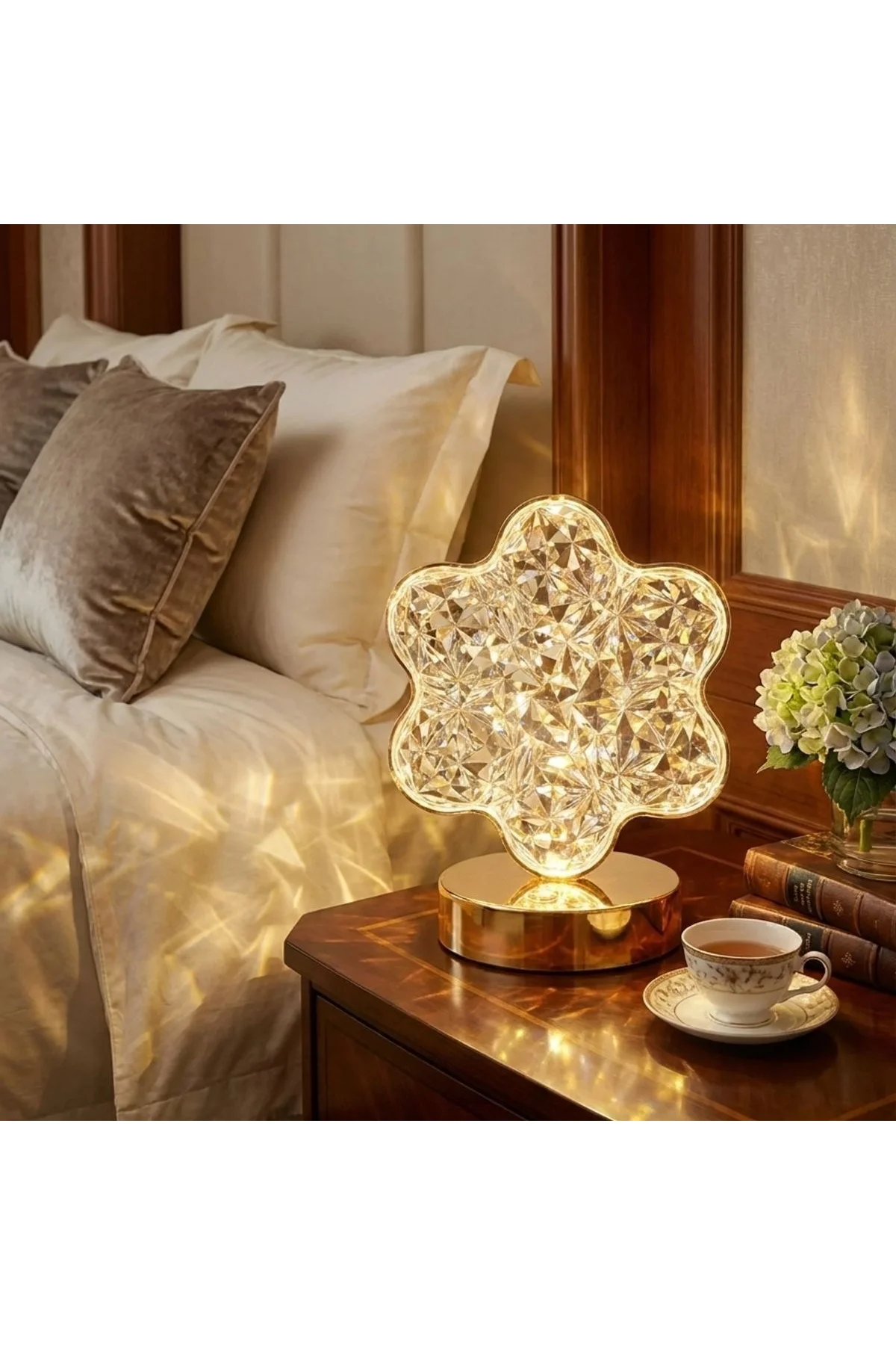 Çiçek Model Kristal LED Masa Lambası – Dokunmatik, 3 Renk Işık Modlu, Şarjlı Mini Dekoratif Gece Lam - Just Cheap Store Görsel 2