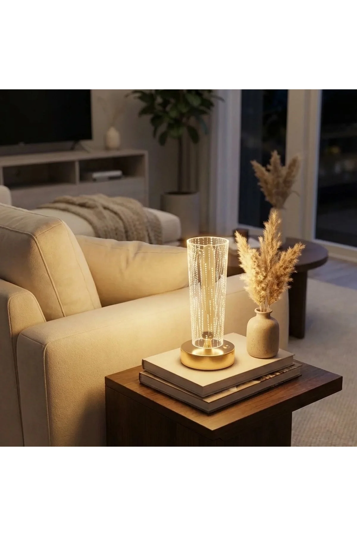Silindirik Kristal Nokta Model LED Masa Lambası – Gold Tabanlı, Dokunmatik, 3 Renk Işık Modlu, Şarjl