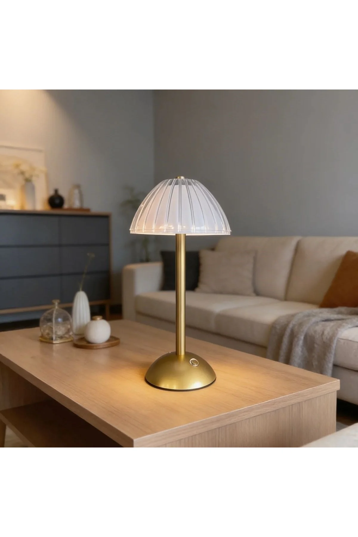 Uzun Mantar Çizgili Model LED Masa Lambası – Dokunmatik, 3 Renk Işık Modlu, Şarjlı Dekoratif Gece La