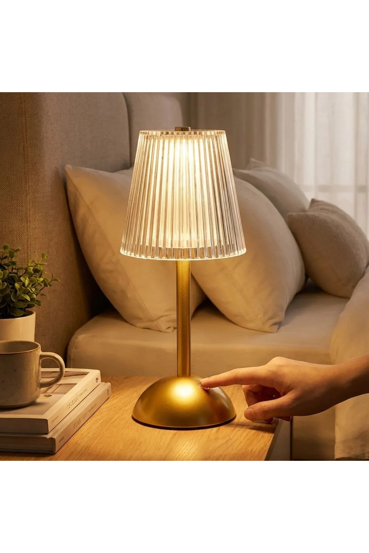 Uzun Klasik Çizgili Model LED Masa Lambası – Dokunmatik, 3 Renk Işık Modlu, Şarjlı Dekoratif Gece La - Just Cheap Store Görsel 2