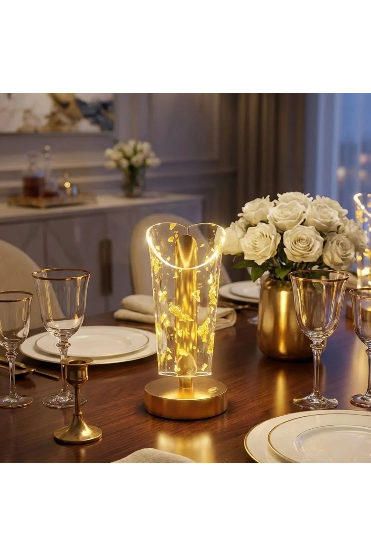 Açık Silindirik Kristal Altın Toz Model LED Masa Lambası – Gold Tabanlı, Dokunmatik, 3 Renk Işık Mod - Just Cheap Store Görsel 2