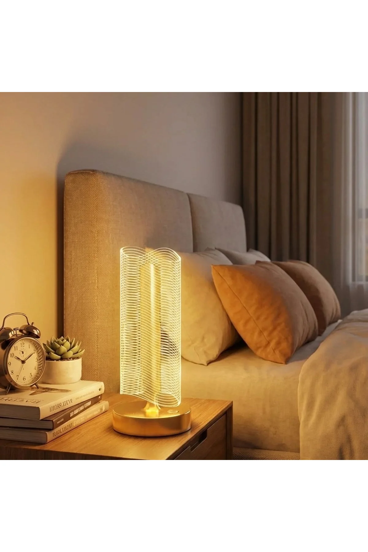 Dalgalı Silindirik Kristal Çizgili Model LED Masa Lambası – Gold Tabanlı, Dokunmatik, 3 Renk Işık Mo - Just Cheap Store Görsel 2