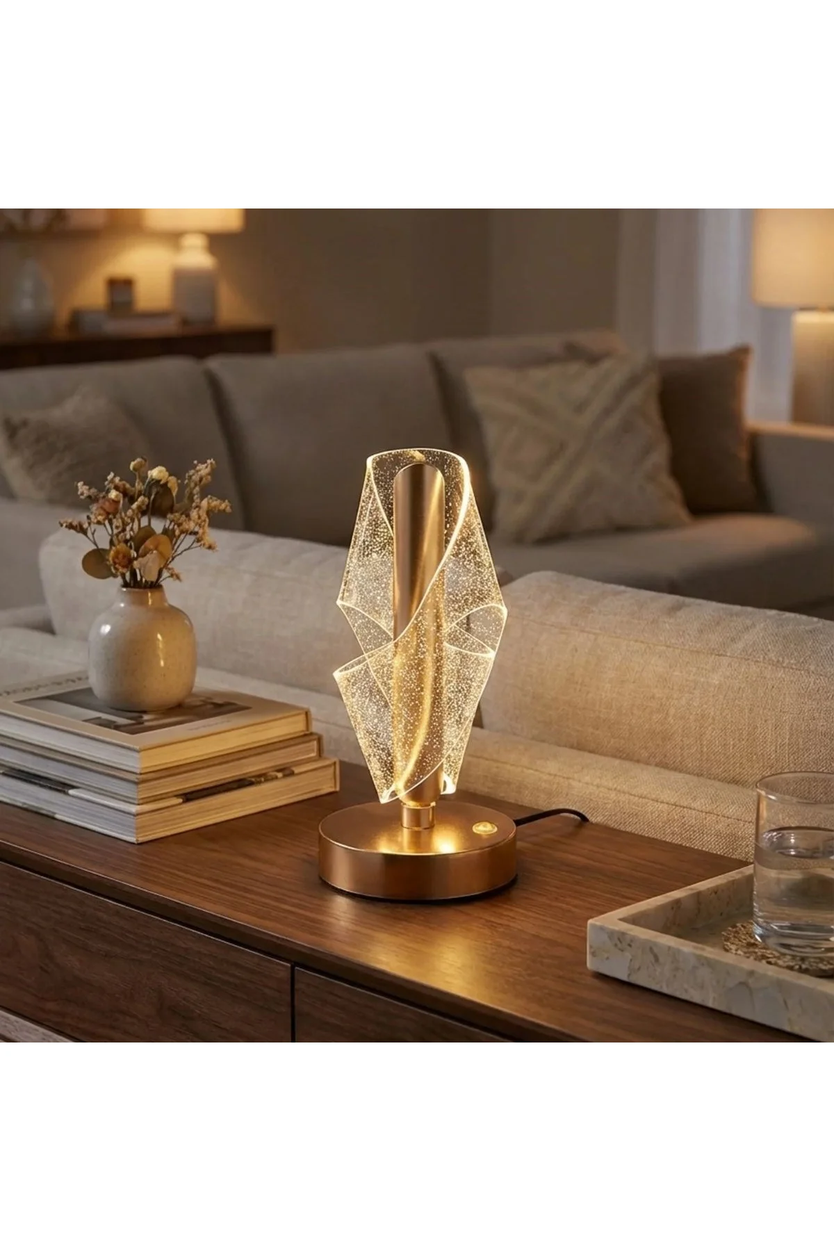 Çapraz Kavisli Ters Kristal Simli LED Masa Lambası – Gold Gövdeli, Dokunmatik, 3 Kademe Işık Ayarlı - Just Cheap Store Görsel 2