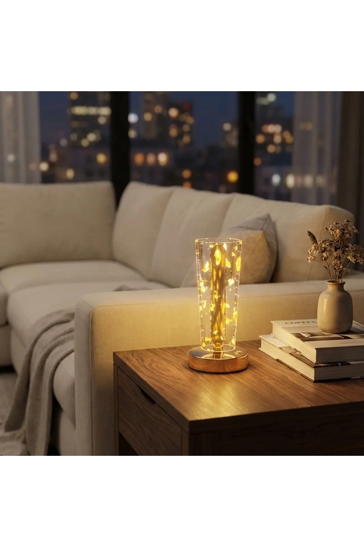 Silindirik Kristal Altın Toz Model LED Masa Lambası – Gold Tabanlı, Dokunmatik, 3 Renk Işık Modlu, Ş