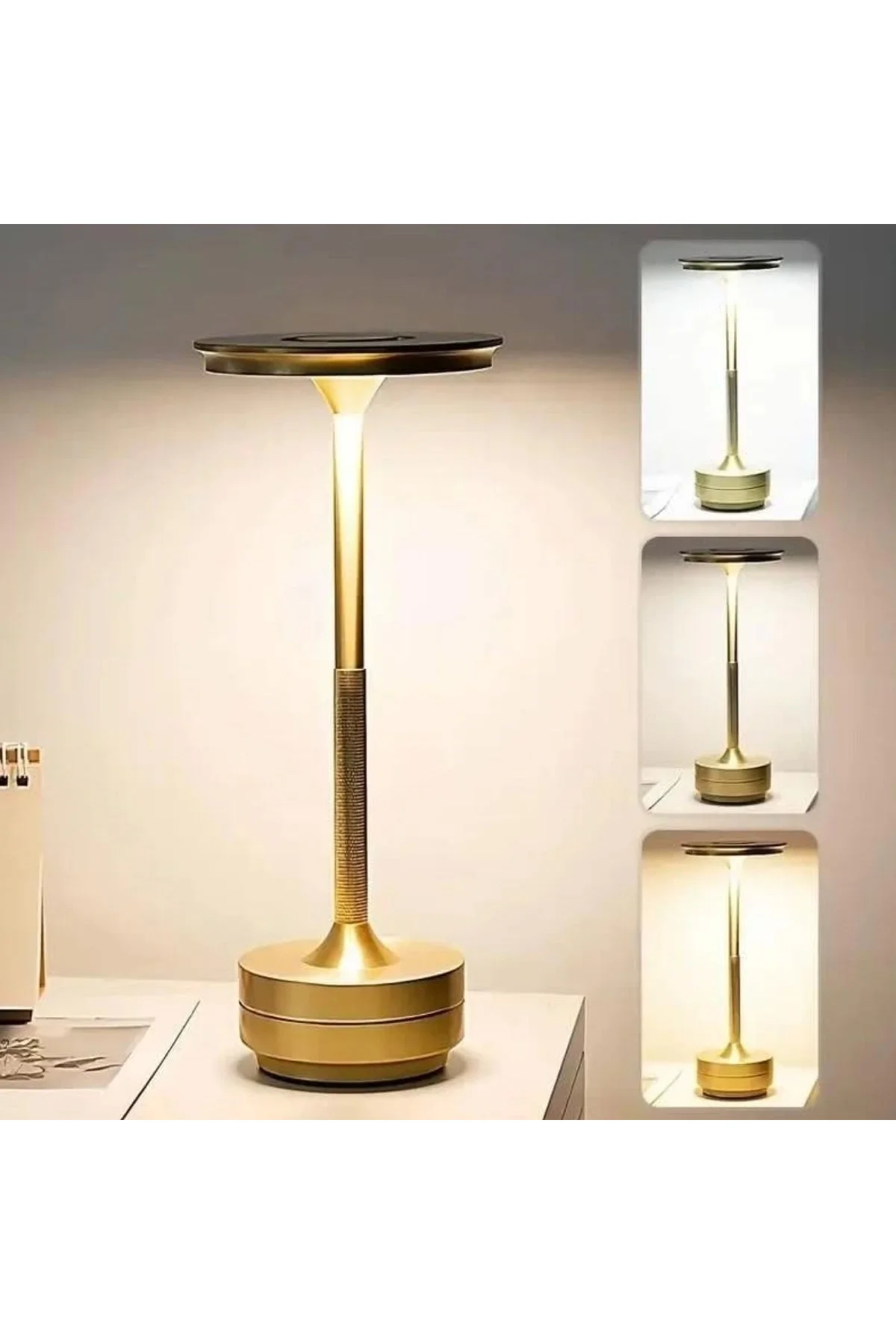 Eskitme Gold Kasa Dokunmatik Şarjlı Masa Lambası – 3 Renk Işık Modlu, LED Aydınlatmalı, Modern &amp