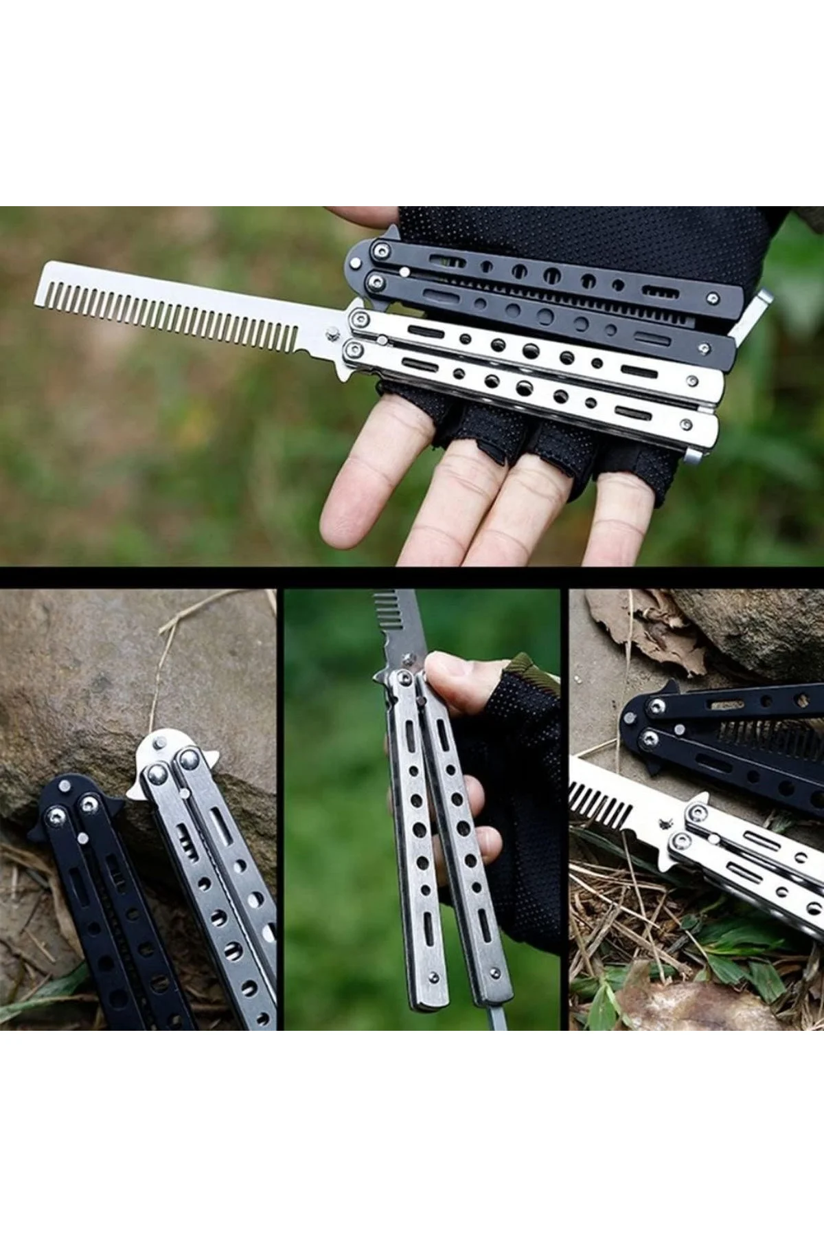 Gri Katlanabilir Paslanmaz Çelik Kelebek Bıçak Tarak Sakal Bıyık Fırçası Profesyonel Saç Kesimi İçin - Just Cheap Store Görsel 5