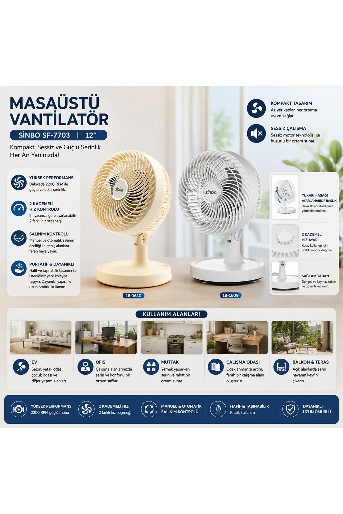 BEYAZ 12 INC EV - OFİS KOMPAKT - SESSİZ - İKİ KADEME MASAÜSTÜ VANTİLATÖR SF-7703 (4741) - Just Cheap Store Görsel 5