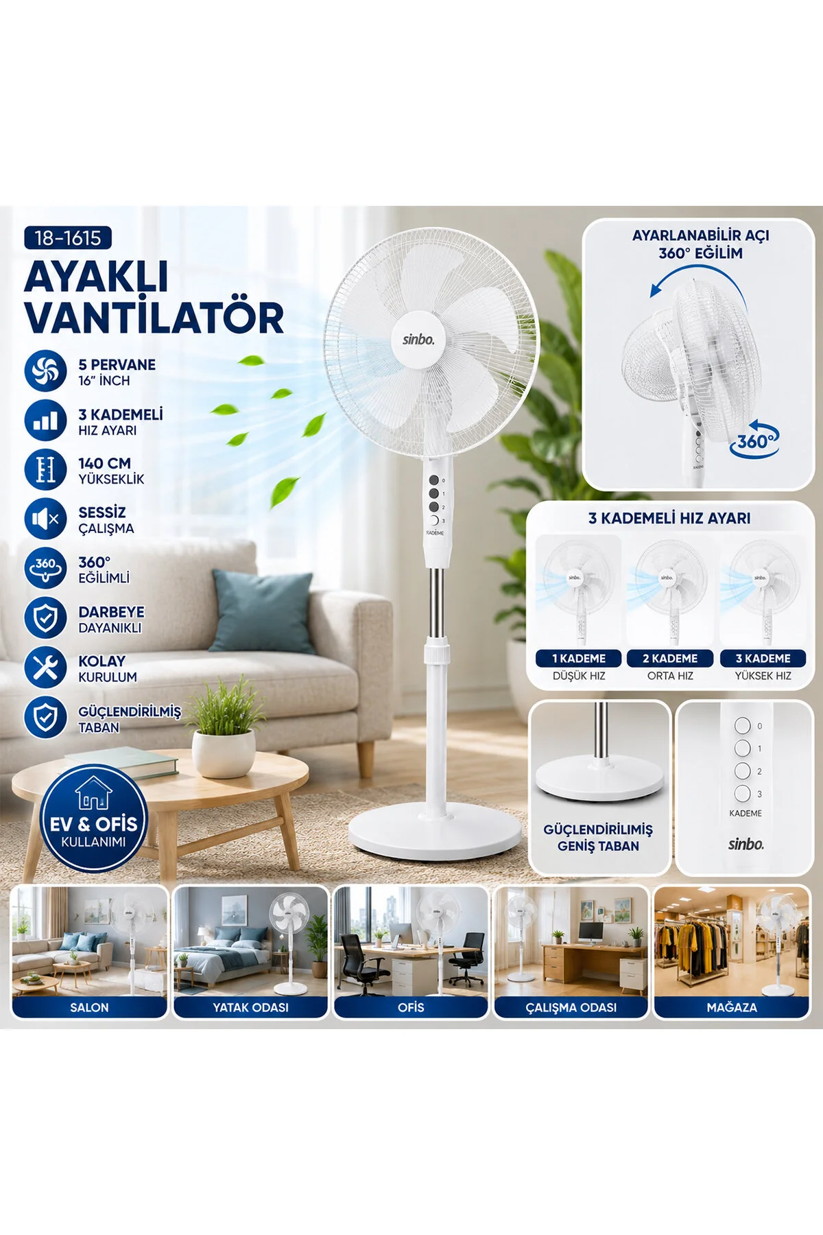 BEYAZ 5 PERVANE - 16 INC EV - OFİS KOMPAKT - SESSİZ - ÜÇ KADEME 140CM YÜKSEKLİK AYAKLI VANTİLATÖR SF