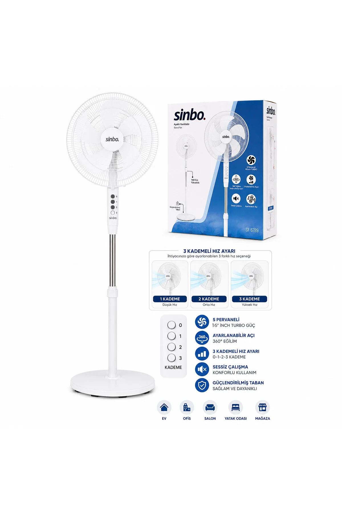 BEYAZ 5 PERVANE - 16 INC EV - OFİS KOMPAKT - SESSİZ - ÜÇ KADEME 140CM YÜKSEKLİK AYAKLI VANTİLATÖR SF - Just Cheap Store Görsel 2