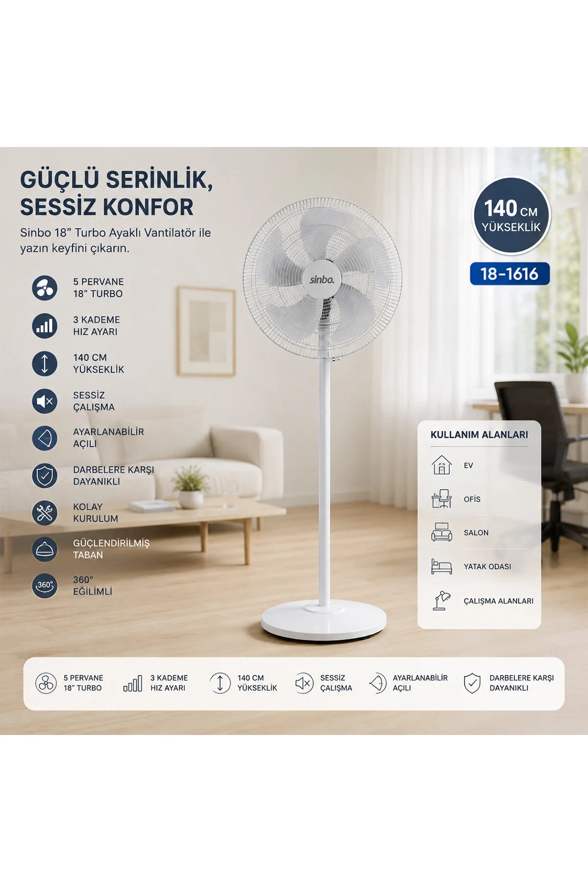 BEYAZ 5 PERVANE - 18 INC EV - OFİS KOMPAKT - SESSİZ - ÜÇ KADEME 140CM YÜKSEKLİK AYAKLI VANTİLATÖR SF