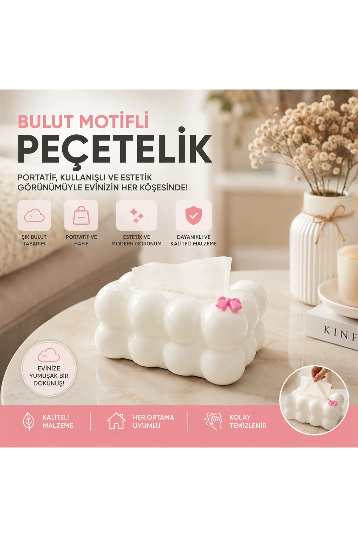 19X12.5X8.5CM BEYAZ YAYLI MASAÜSTÜ BUBBLE DEKORATİF BULUT PEÇETELİK (4741)