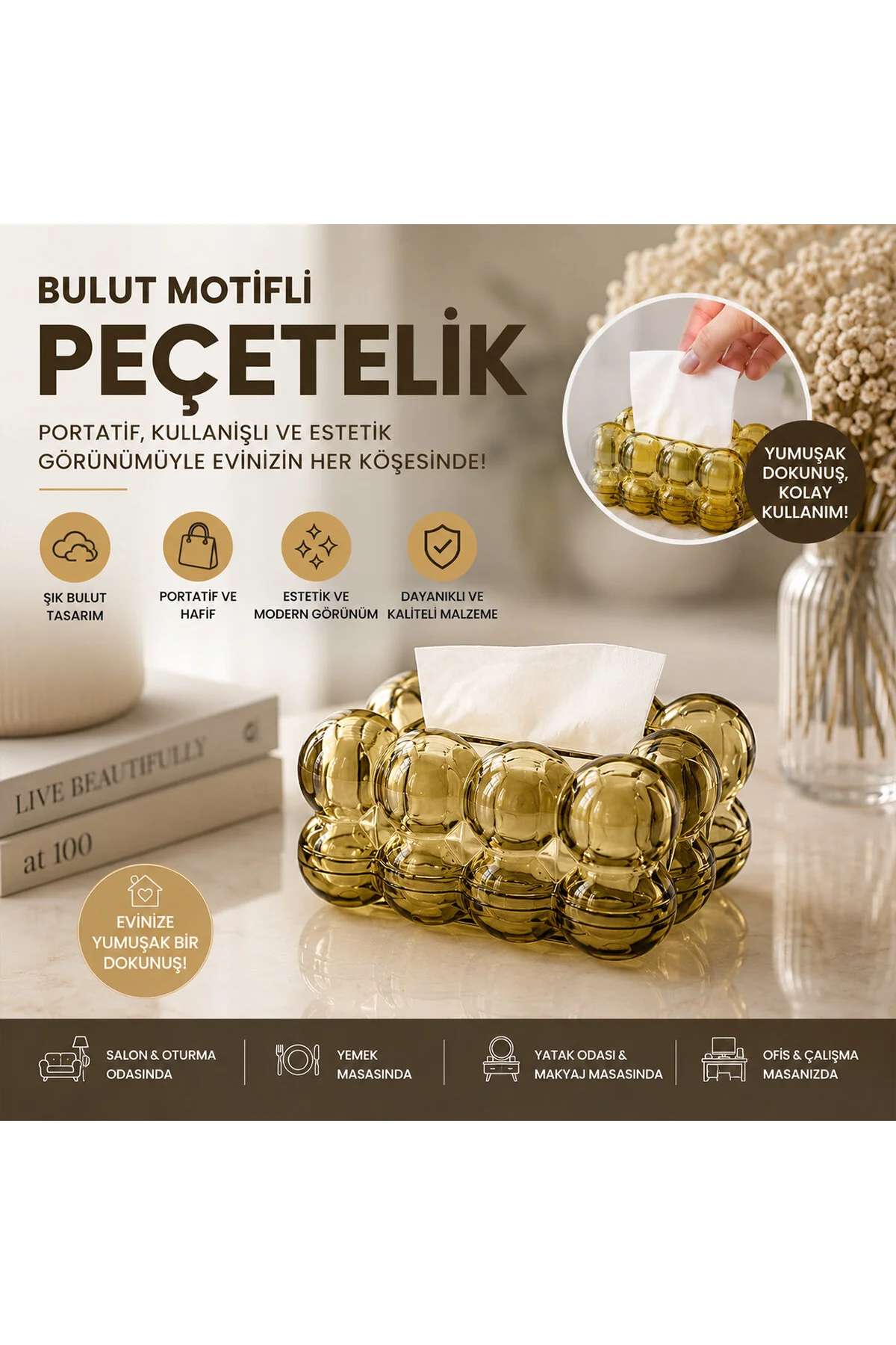 19X13X9CM KAHVERENGİ ŞEFFAF YAYLI MASAÜSTÜ BUBBLE DEKORATİF BULUT PEÇETELİK (4741)