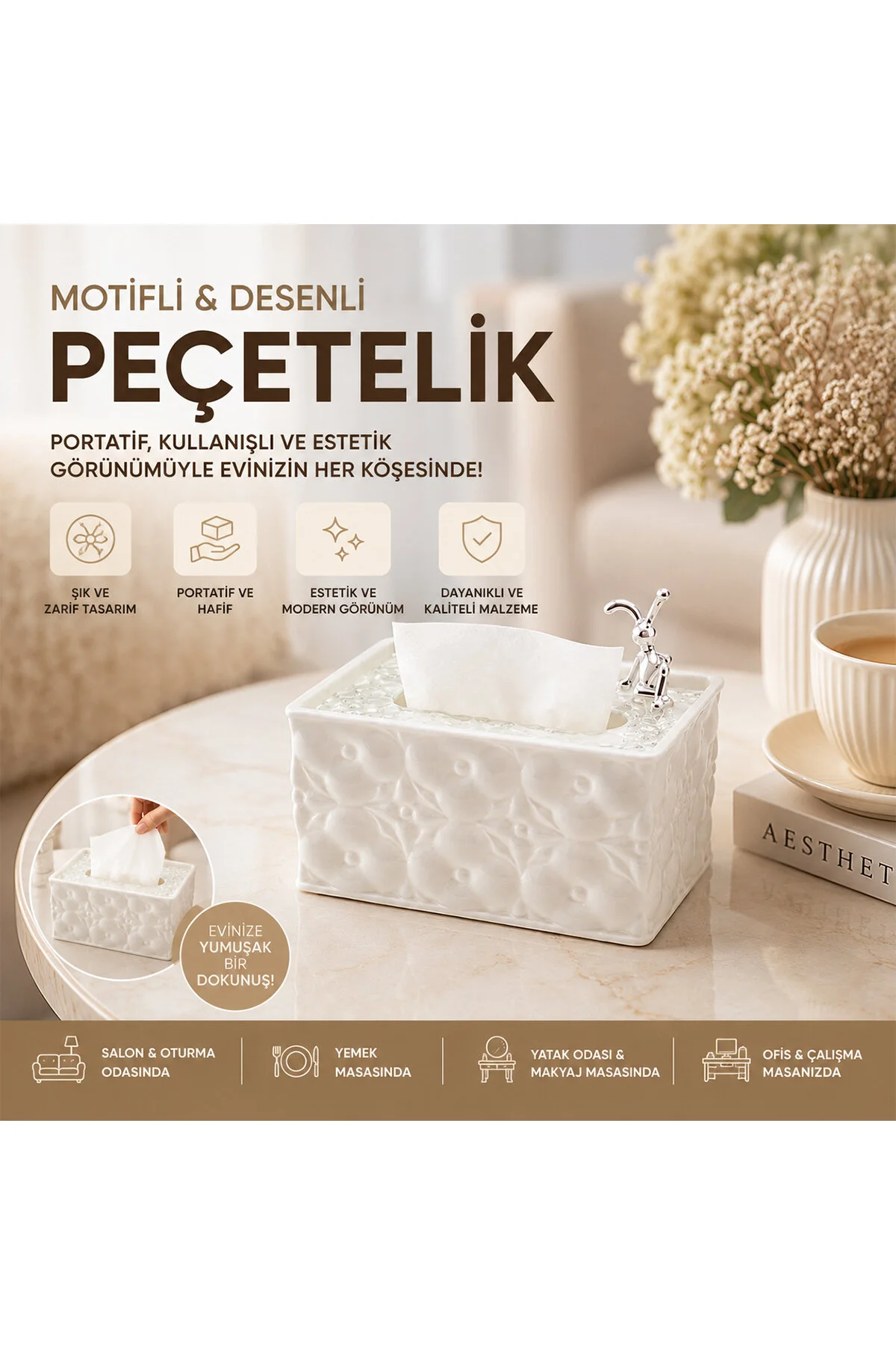 18.4X12.5X9CM BEYAZ YAYLI MASAÜSTÜ DEKORATİF DİKDÖRTGEN PEÇETELİK (4741)