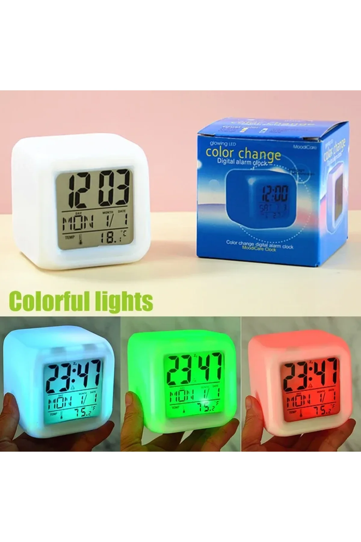 Led Dijital Renkli Masa Saati Alarm Termometre Tarih Masaüstü Saat (4741) - Just Cheap Store Görsel 4