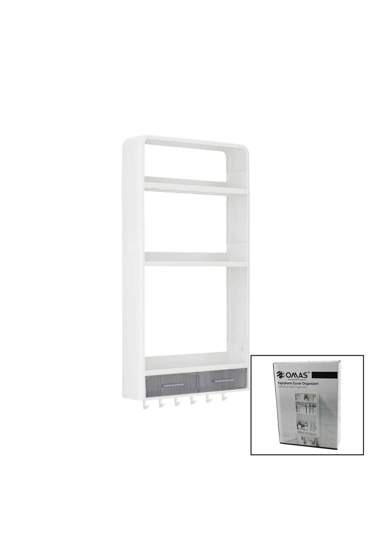 BEYAZ YAPIŞKANLI DUVAR ORGANİZERİ PLASTİK 3 RAF=14CM-19CM-30CM - 2 ÇEKMECE=40CM - 6 ASKI 19 PARÇA (4