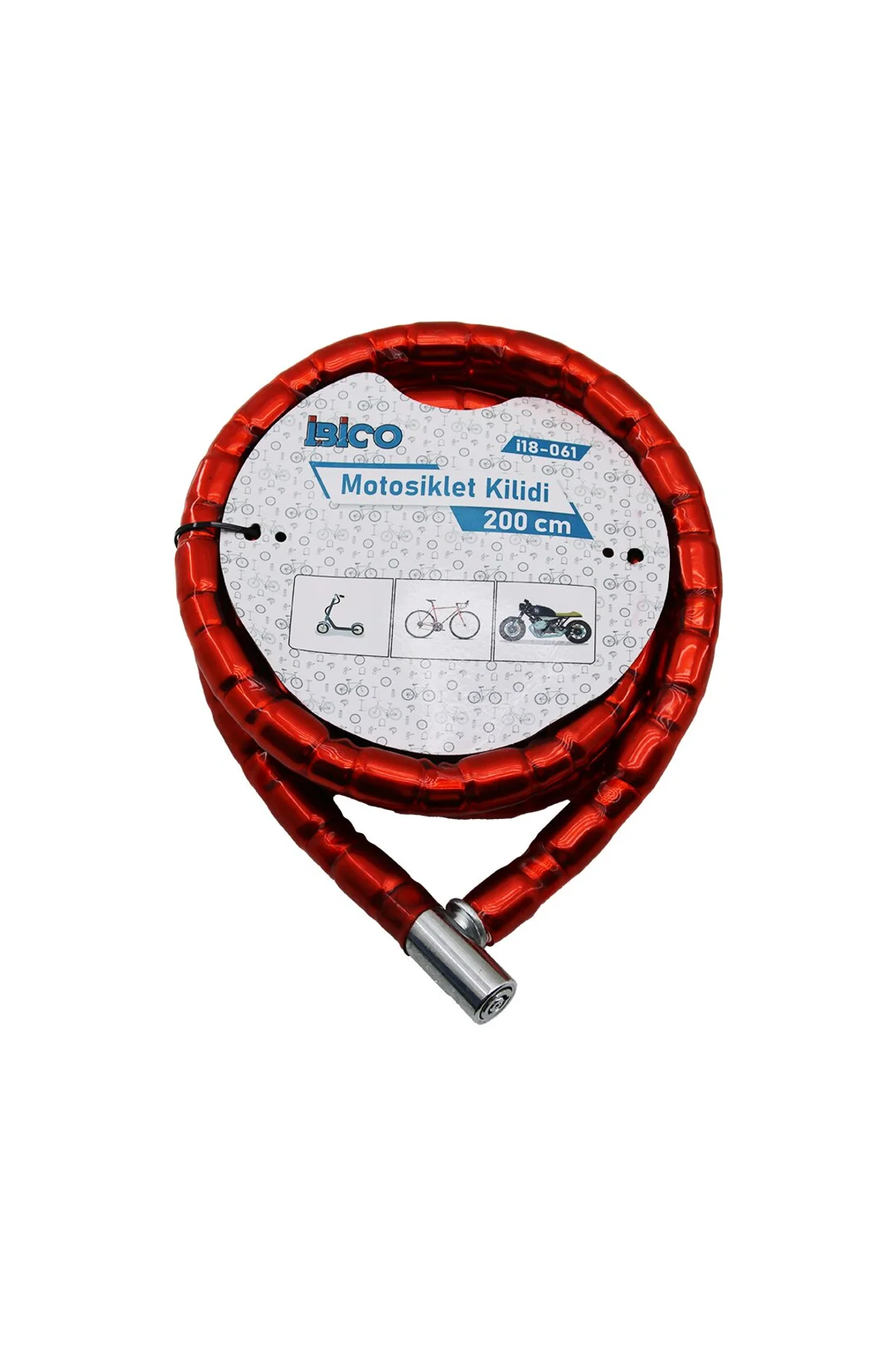 TÜP ANAHTARLI METAL KAFA ÇELİK MOTOR - BİSİKLET KİLİT SİLİNDİRİK SPİRAL KİLİT KIRMIZI KILIF22MM X 20