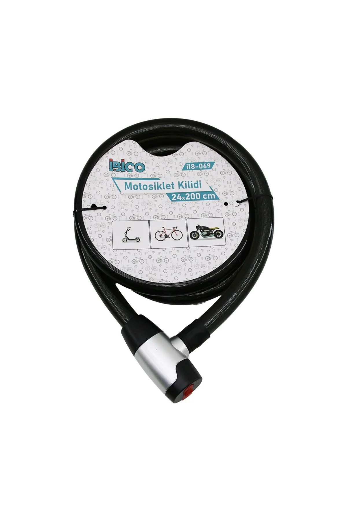 ANAHTARLI METAL KAPLAMA KAFAÇEK-İT KİLİT KAPAKMOTOR - BİSİKLET KİLİT ÇELİK TELSİYAH ŞEFFAF KILIF24MM