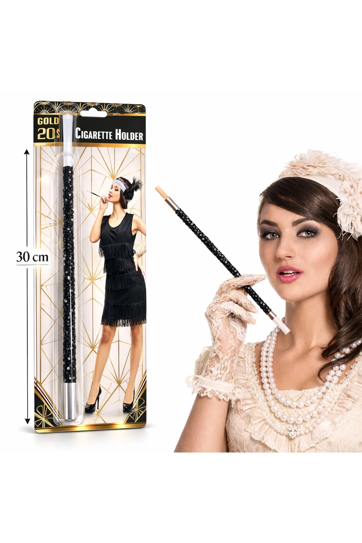 30 cm Siyah Payetli Sigara Tutacağı – 1920’ler Gatsby Parti Aksesuarı (4741)