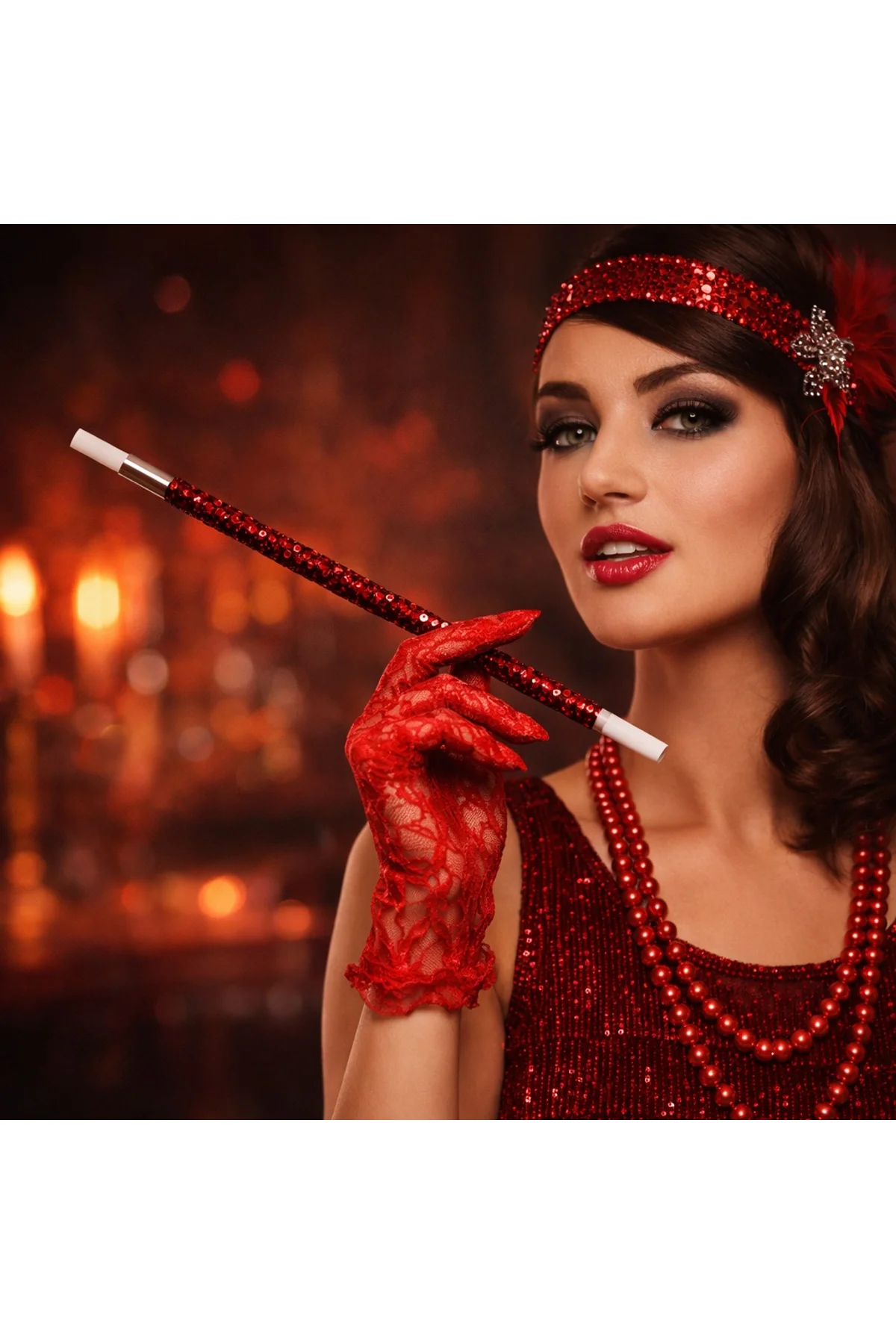 30 cm Kırmızı Payetli Sigara Tutacağı – 1920’ler Gatsby Parti Aksesuarı (4741) - Just Cheap Store Görsel 3