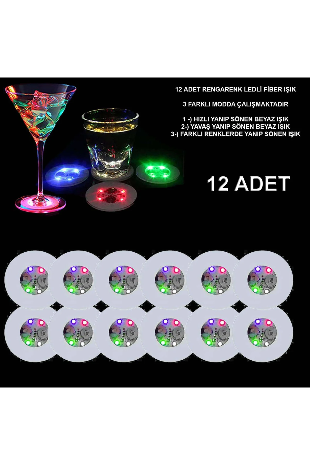 Renkli LED Işıklı Bardak Altlığı - Dekoratif (12 Adet, Pilli) (4741)